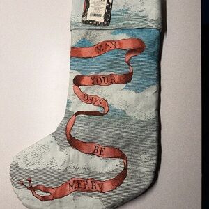 John Derian Holiday Stocking with Red Ribbon Script, may your days be merry.